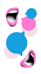 Conceptual art design. Pink lips with blue speech bubbles create abstract representation of...