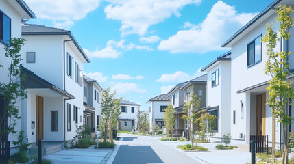 緑あふれる現代的な住宅街の白い家並み