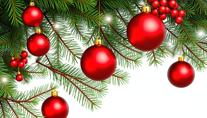 Fir tree branches with red christmas balls frame , with white tonespng