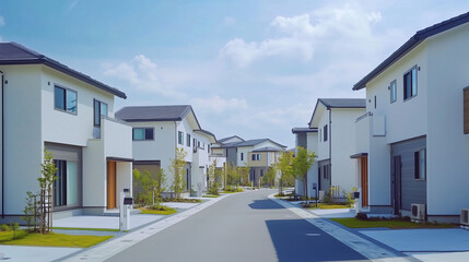 緑あふれる現代的な住宅街の白い家並み
