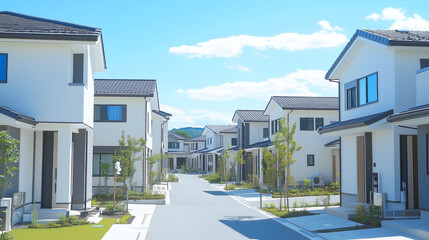 緑あふれる現代的な住宅街の白い家並み