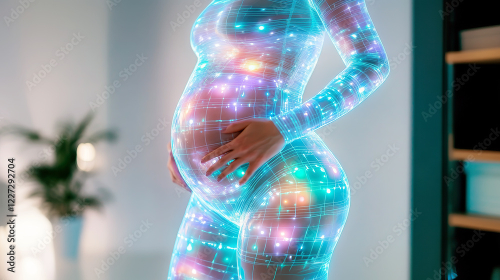 Aufkleber a pregnant figure stands with a glowing, digitized overlay of colorful patterns, symbolizing the con