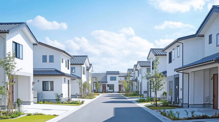 緑あふれる現代的な住宅街の白い家並み
