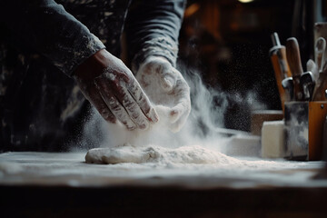 Hands skillfully kneading dough on a floured wooden surface in a rustic kitchen setting