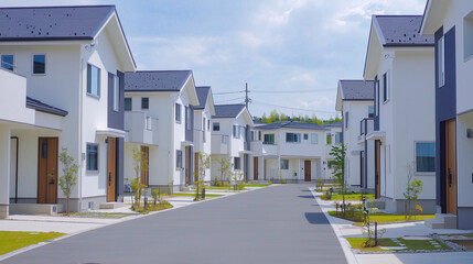 緑あふれる現代的な住宅街の白い家並み