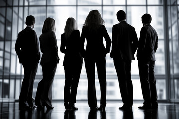 Silhouetted business professionals stand against a modern office backdrop., Silhouetted Business Professionals Standing in Modern Office Environment, Emphasizing Teamwork and Leadership