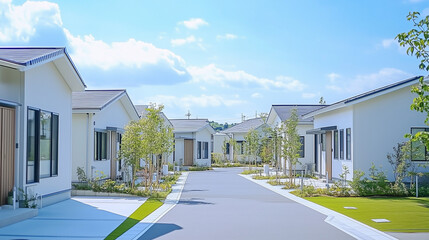 緑あふれる現代的な住宅街の白い家並み