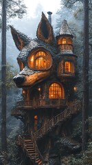Fototapeta premium Woodland fantasy tree house magical glowing windows scene image