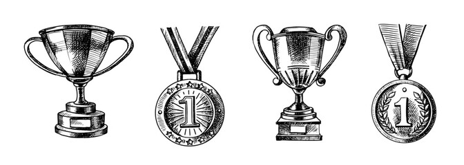 Hand drawn sports sketch trophy award cup and medal set. Vector illustration © pim