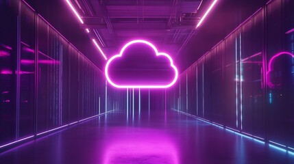 Fototapeta premium Glowing Neon Cloud Icon Representing Data Storage and Cloud Computing in a High-Tech Server Room Data Center, Symbolizing Cybersecurity and Digital Transformation Technology