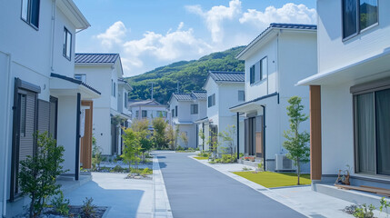 緑あふれる現代的な住宅街の白い家並み