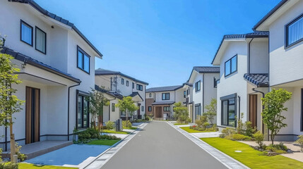 緑あふれる現代的な住宅街の白い家並み