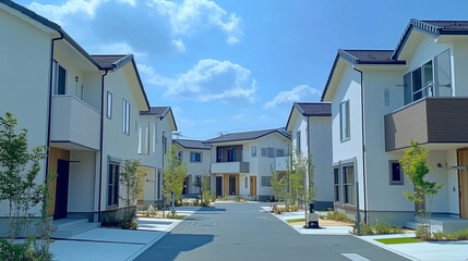 Fototapeta premium 緑あふれる現代的な住宅街の白い家並み
