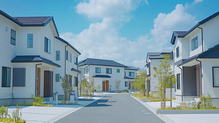 緑あふれる現代的な住宅街の白い家並み
