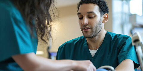 Obraz premium Male and Female Healthcare Workers in Teal Scrubs Interacting