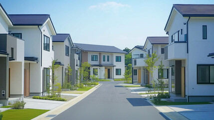緑あふれる現代的な住宅街の白い家並み