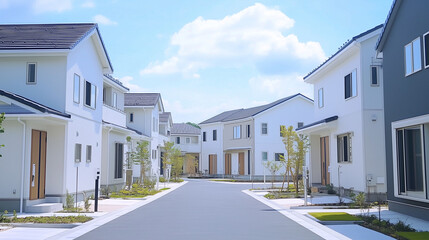 緑あふれる現代的な住宅街の白い家並み