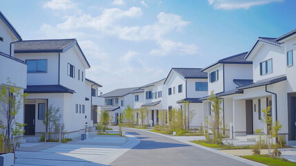緑あふれる現代的な住宅街の白い家並み