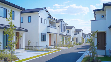 緑あふれる現代的な住宅街の白い家並み