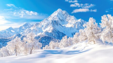 Obraz premium Snowy mountain peak winter landscape, clear sky, snow-covered trees, winter wonderland, travel postcard