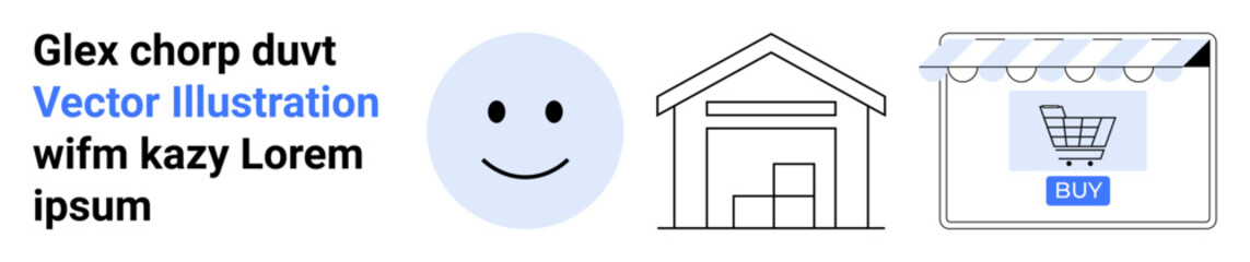 Smiling face, warehouse outline, e-commerce shopfront with a shopping cart symbolizing retail, online shopping, inventory management, customer satisfaction, and digital commerce tools. Ideal