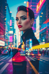 Obraz premium stunning photorealistic illustration in double exposure effect of modern people in city