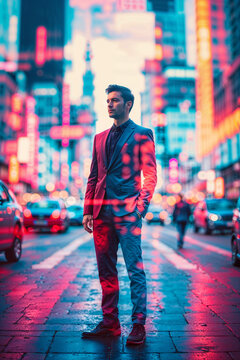 stunning photorealistic illustration in double exposure effect of modern people in city