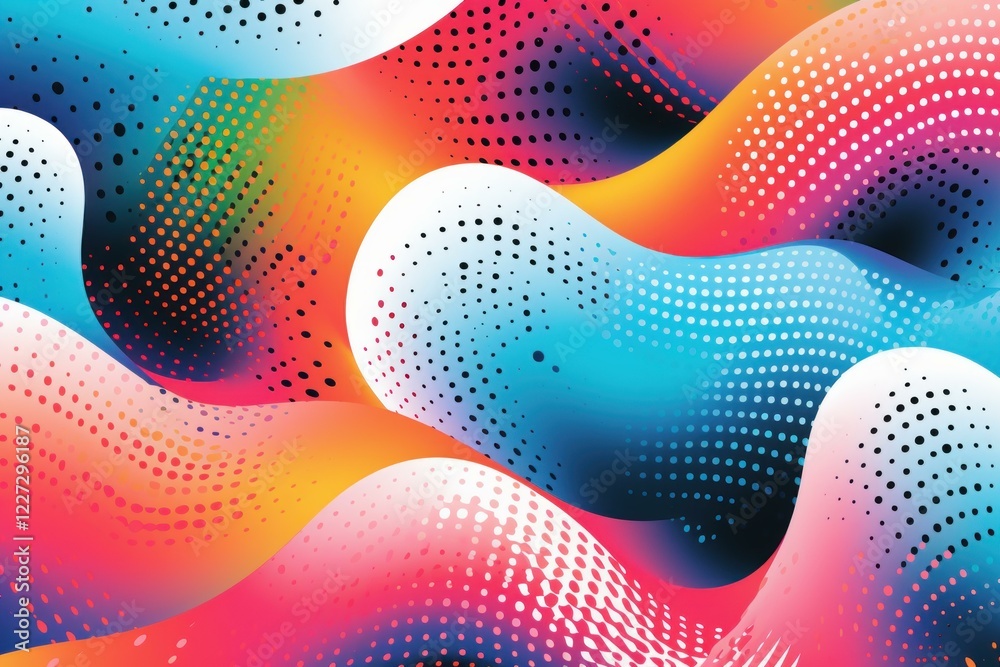 Poster vibrant and modern abstract background featuring colorful flowing shapes and halftone dots, creating