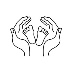 Motherhood lineart motheк hands and newborn baby feet silhouette. Mother's Day line vector illustration. Isolated image on white background 