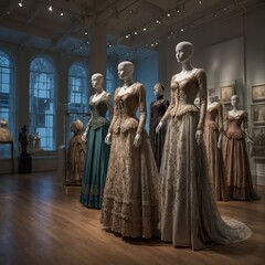Fototapeta premium A modern art gallery with sleek, minimalist design showcases a collection of elegant historical dresses on mannequins.