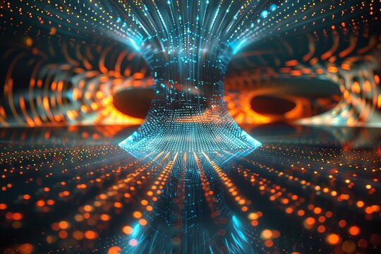 Abstract digital tunnel glowing with binary code data flowing representing modern digital age technology