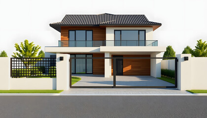 Modern house with fence and automatic Sliding Gate. 3D illustration , with white tonespng