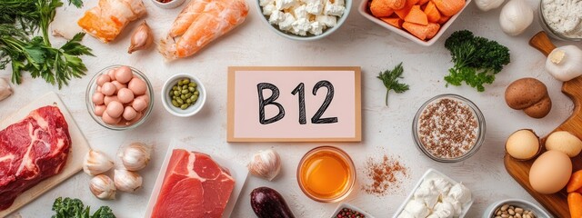 group of products that contain vitamin B12. Selective focus.