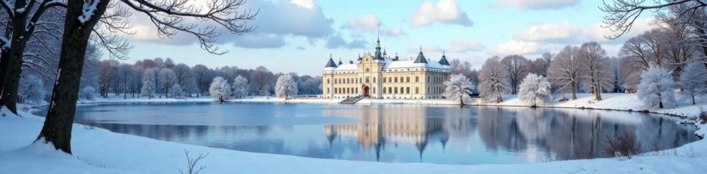 Snow-covered Weimar palace with bare trees and frozen lake, snow, weimar
