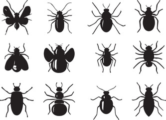 A set of insects silhouettes for flat design. Hand drawn vector illustration