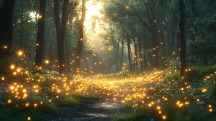 Enchanting Forest Pathway Illuminated by Fireflies During Dusk in a Tranquil Natural Setting