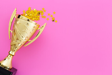 Award golden trophy cup, top view. First place winning the competition concept