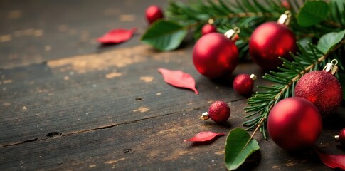 Red Christmas balls scattered on a wooden table background, holly leaves, festive decor, merry colors