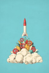 Colorful Rocket Launch with Peace Symbols and Clouds