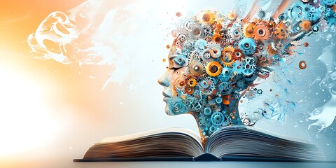 A surreal artwork of a woman's face emerging from an open book, with intricate gears and mechanical elements symbolizing knowledge, creativity, and intelligence.