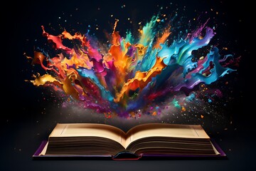 An open book releasing a vibrant explosion of multicolored paint splashes, symbolizing creativity, imagination, and the power of storytelling.