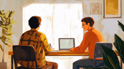 A mentor watches a student hesitate before presenting a project, sensing nervousness and uncertainty. With a kind smile and a concerned gaze, they say, ' got this. But if you need a moment,we can talk