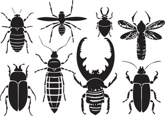 A set of insects silhouettes for flat design. Hand drawn vector illustration