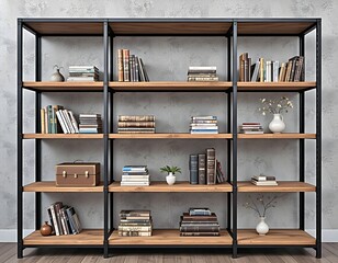 Industrial style refurbished bookcase with natural wood shelves - 02