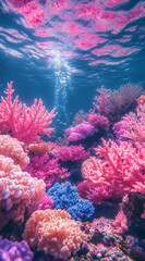 Colorful coral reef underwater with sunlight shining through the water in a vibrant marine environment. Generative AI
