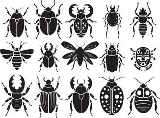 Fototapeta premium A set of insects silhouettes for flat design. Hand drawn vector illustration