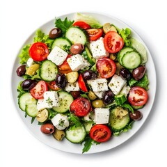 A fresh Greek salad with cherry tomatoes, cucumber slices, Kalamata olives