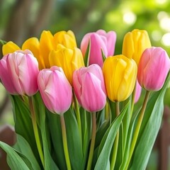 Fototapeta premium A beautiful bouquet of colorful tulips, showcasing vibrant petals in full bloom.