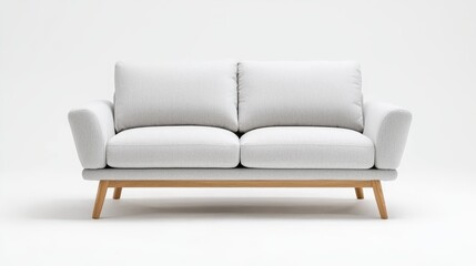 Modern light grey sofa, wooden legs, white background, home decor