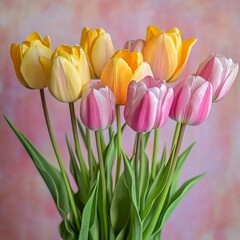 Obraz premium A beautiful bouquet of colorful tulips, showcasing vibrant petals in full bloom.